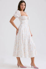 white posy print cotton puff sleeve midi sundress
