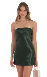 Satin Strapless Slip Dress in Dark Green