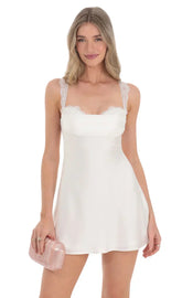 Lace Strap Satin Dress in White
