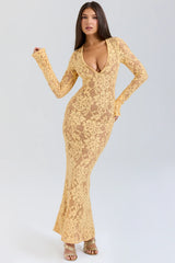 apricot plunge lace maxi dress