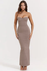 taupe strapless corset maxi dress