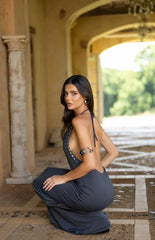 Tsuki Grey Stud Detail Cowl Neck Maxi Dress