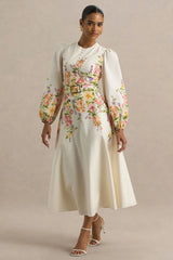 Dahlia | White Floral Border Print High-Neck Midi Dress