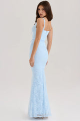 blue lace godet maxi dress