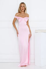 Spark Babe Off Shoulder Satin Maxi Dress Pink